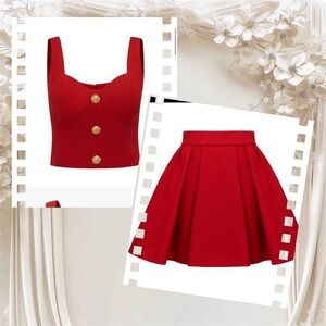 Source Unknown Red Cropped Bustier Top & Pleated Mini Skirt Set